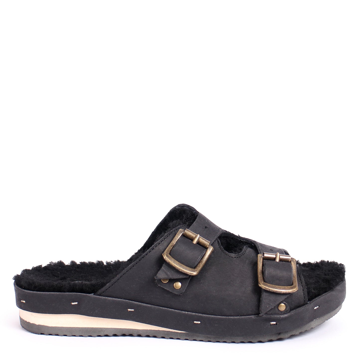 LANG FIBA CURLY + Shearling Leather Flat Clogs + Black