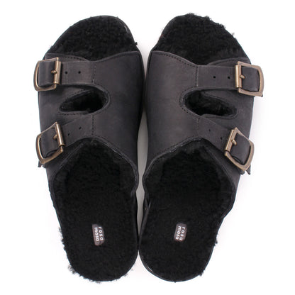 LANG FIBA CURLY + Shearling Leather Flat Clogs + Black