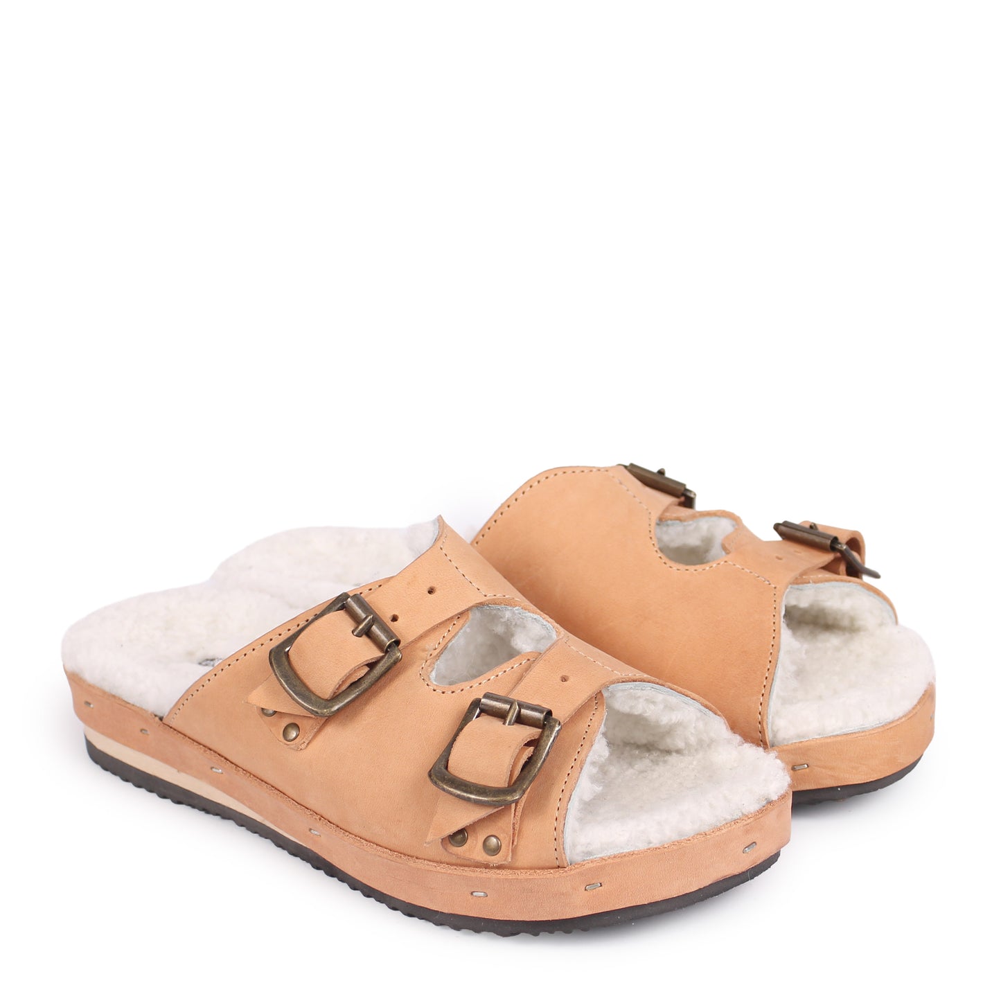 LANG FIBA CURLY + Shearling Leather Flat Clogs + Natural