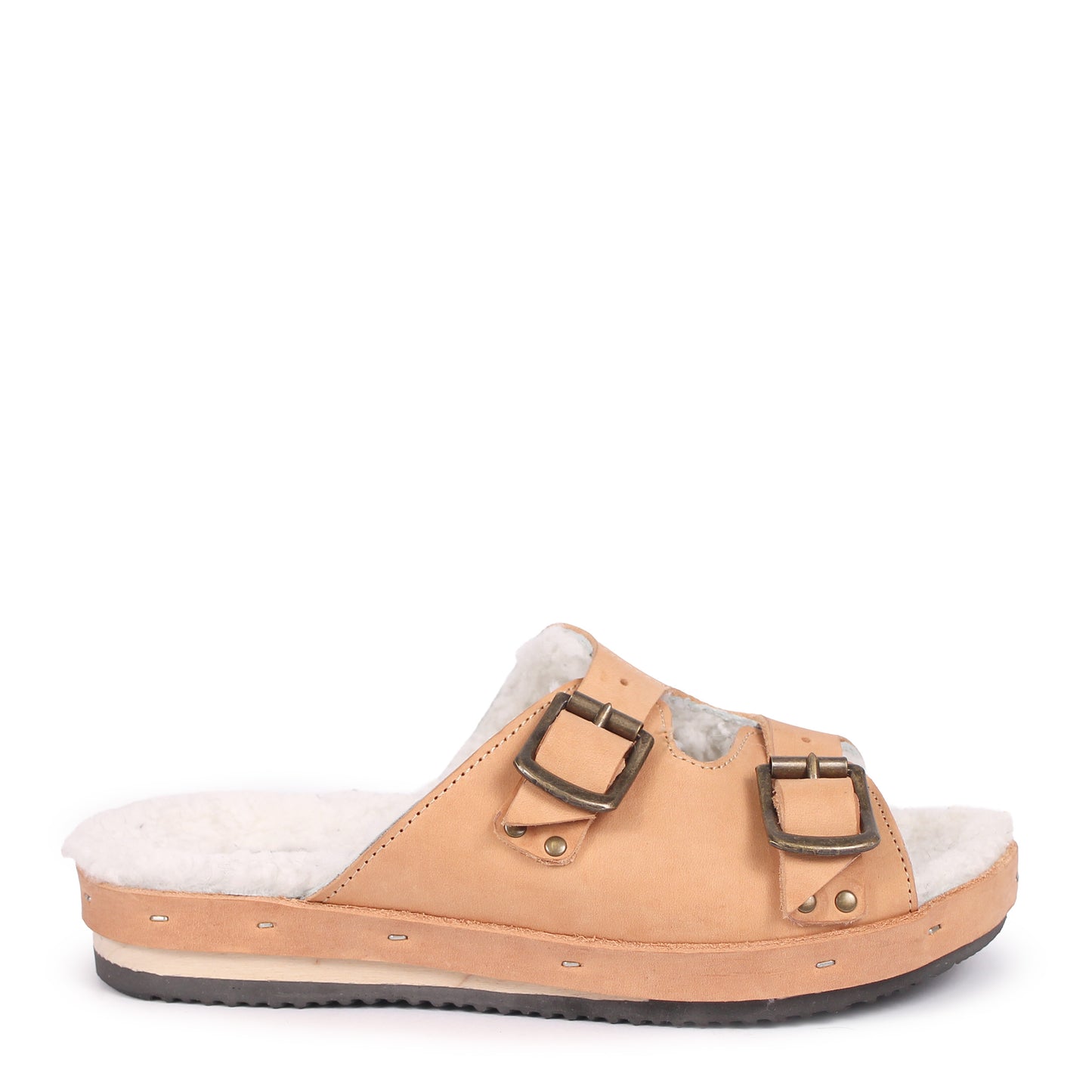 LANG FIBA CURLY + Shearling Leather Flat Clogs + Natural