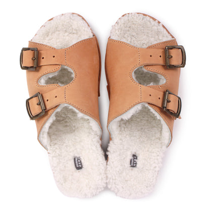 LANG FIBA CURLY + Shearling Leather Flat Clogs + Natural