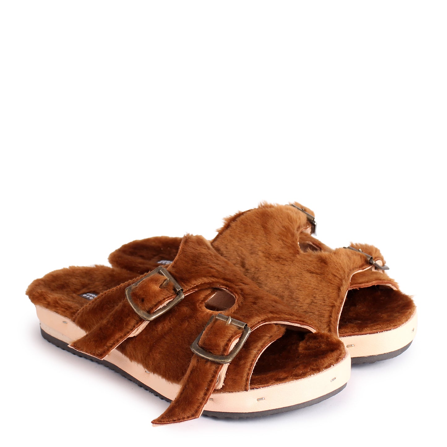 LANG FIBA SOFT + Shearling Leather Flat Clogs + Cuoio