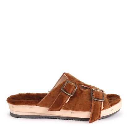 LANG FIBA SOFT + Shearling Leather Flat Clogs + Cuoio