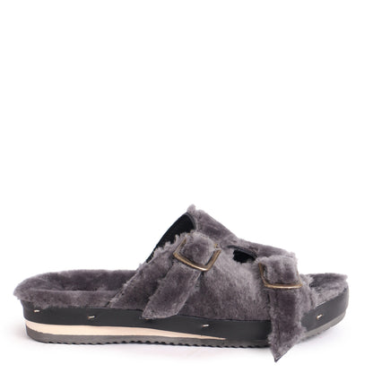 LANG FIBA SOFT + Shearling Leather Flat Clogs + Gray