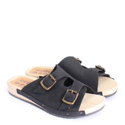 LANG FIBA + Leather Flat Clogs + Black