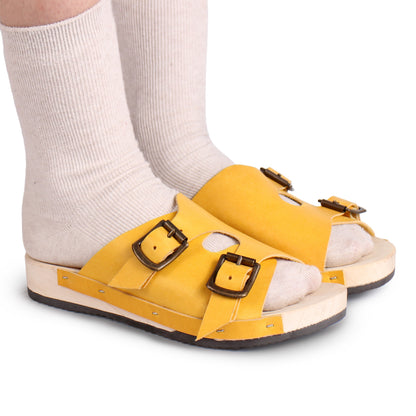 LANG FIBA + Leather Flat Clogs + Yellow