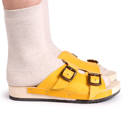 LANG FIBA + Leather Flat Clogs + Yellow