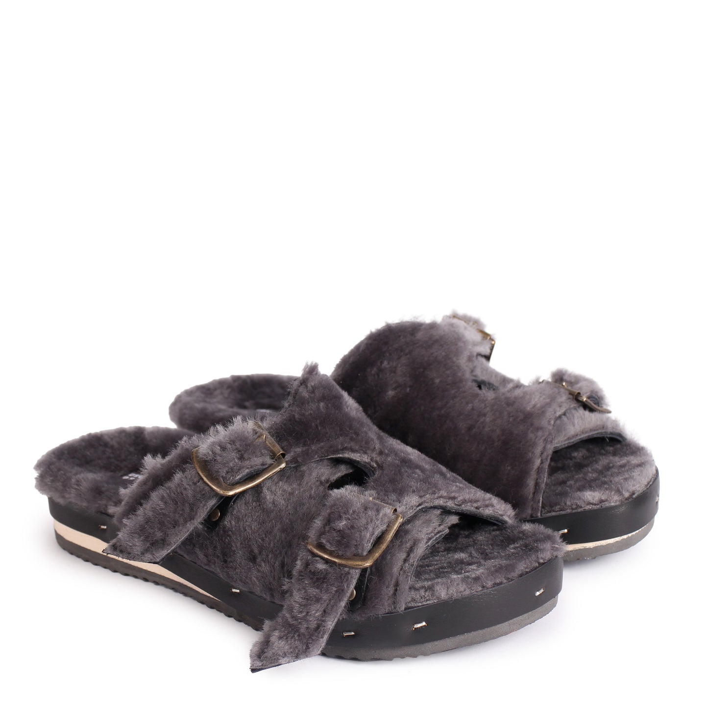 LANG FIBA SOFT + Shearling Leather Flat Clogs + Gray