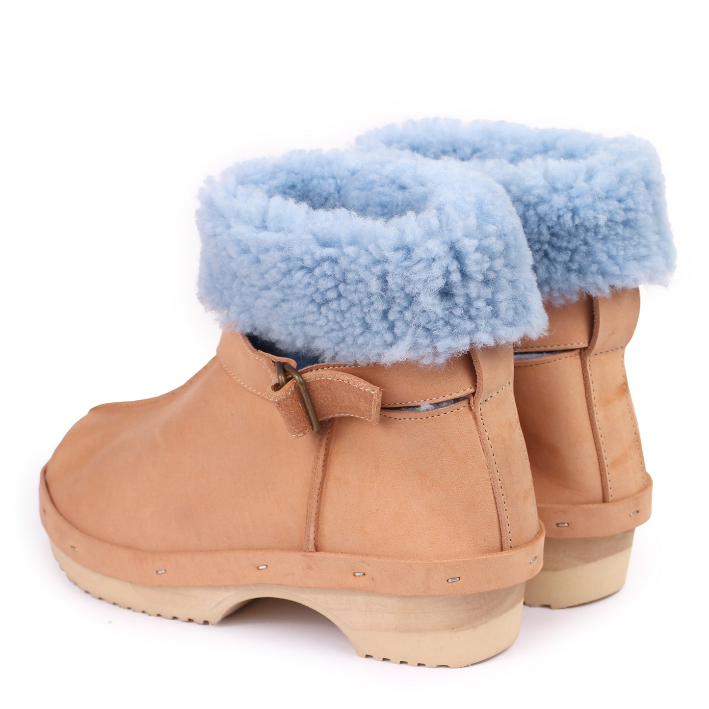 OLGA BOOTS + Leather Shearling Clog Boots + Cammello Ice Blue