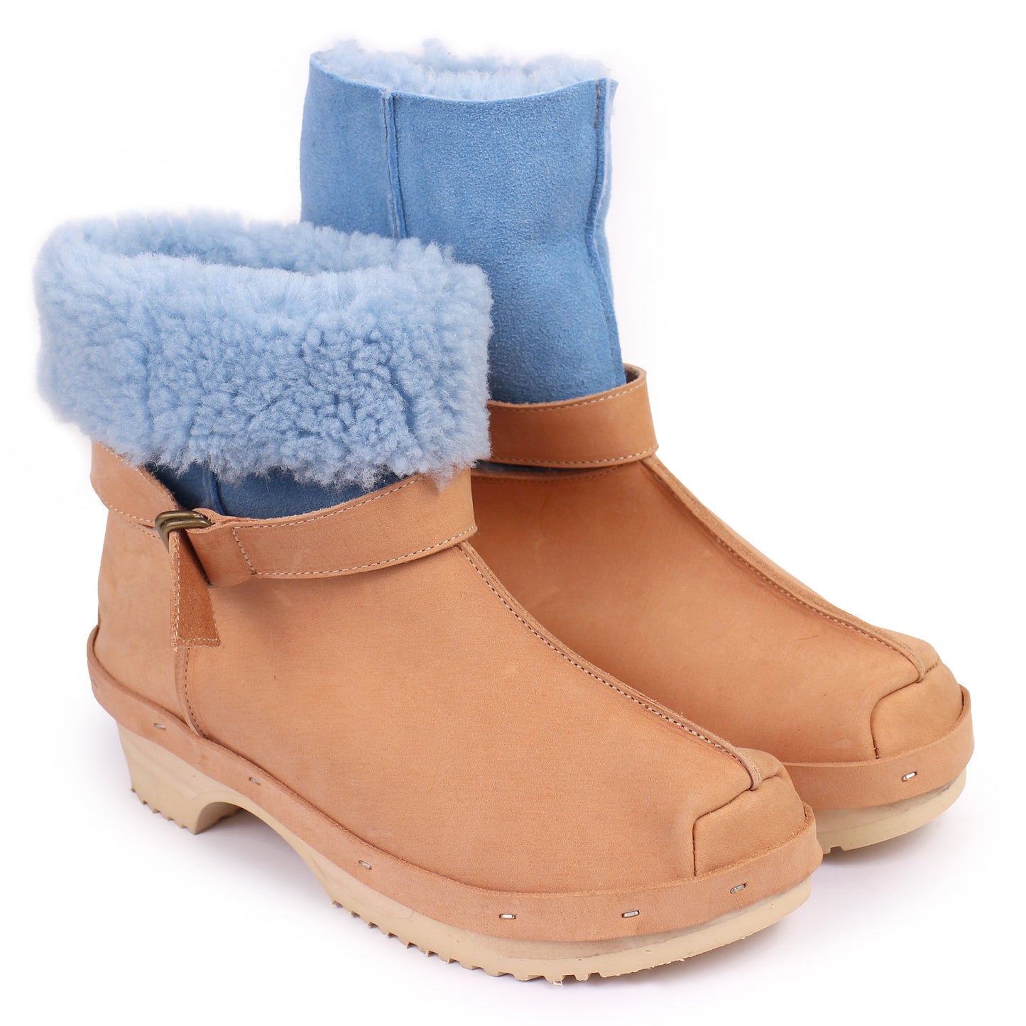 OLGA BOOTS + Leather Shearling Clog Boots + Cammello Ice Blue