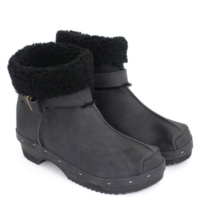 OLGA BOOTS + Leather Shearling Dark Clog Boots + New Black