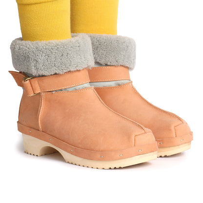 OLGA BOOTS + Leather Shearling Clog Boots + Cammello Sage