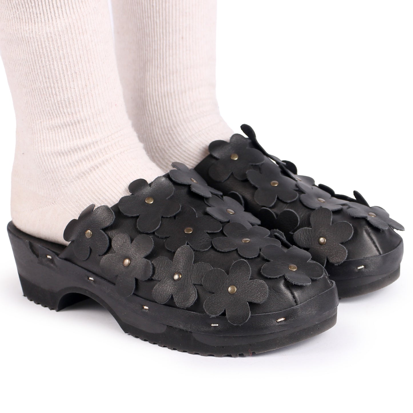 PANTO FIORE + Leather Clog Shoes + All Black