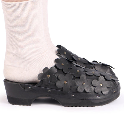 PANTO FIORE + Leather Clog Shoes + All Black
