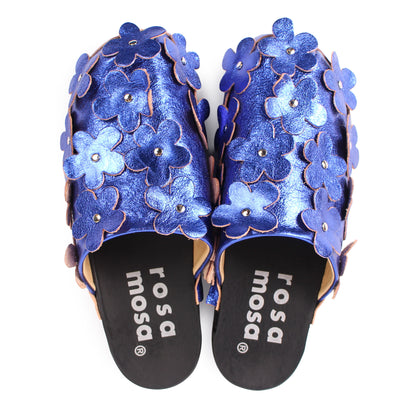 PANTO FIORE METALLIC + Leather Clog Shoes + Cobalt