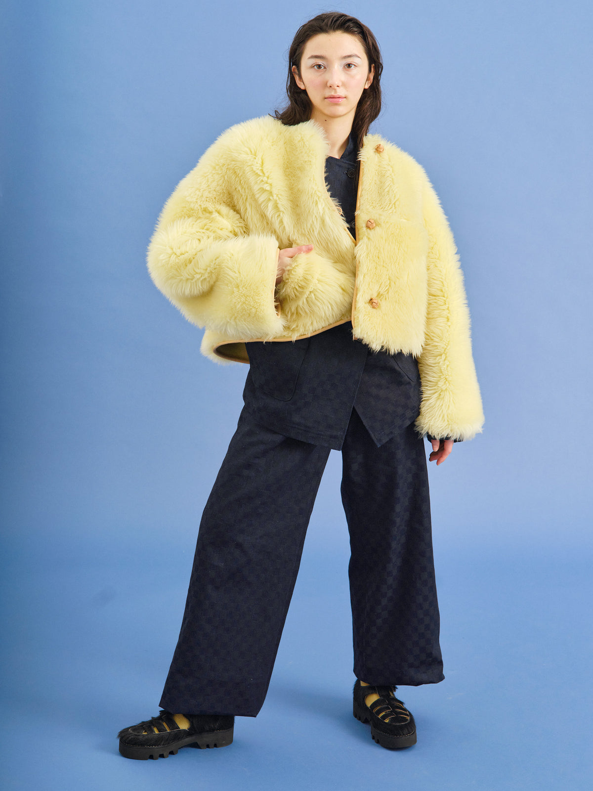 Jacket METEOR CROP L + Long Shearling Crop Jacket + Lemon