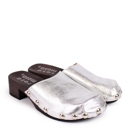 ROCCO GEO STUD + Metallic Leather Dark Clog Shoes + Silver
