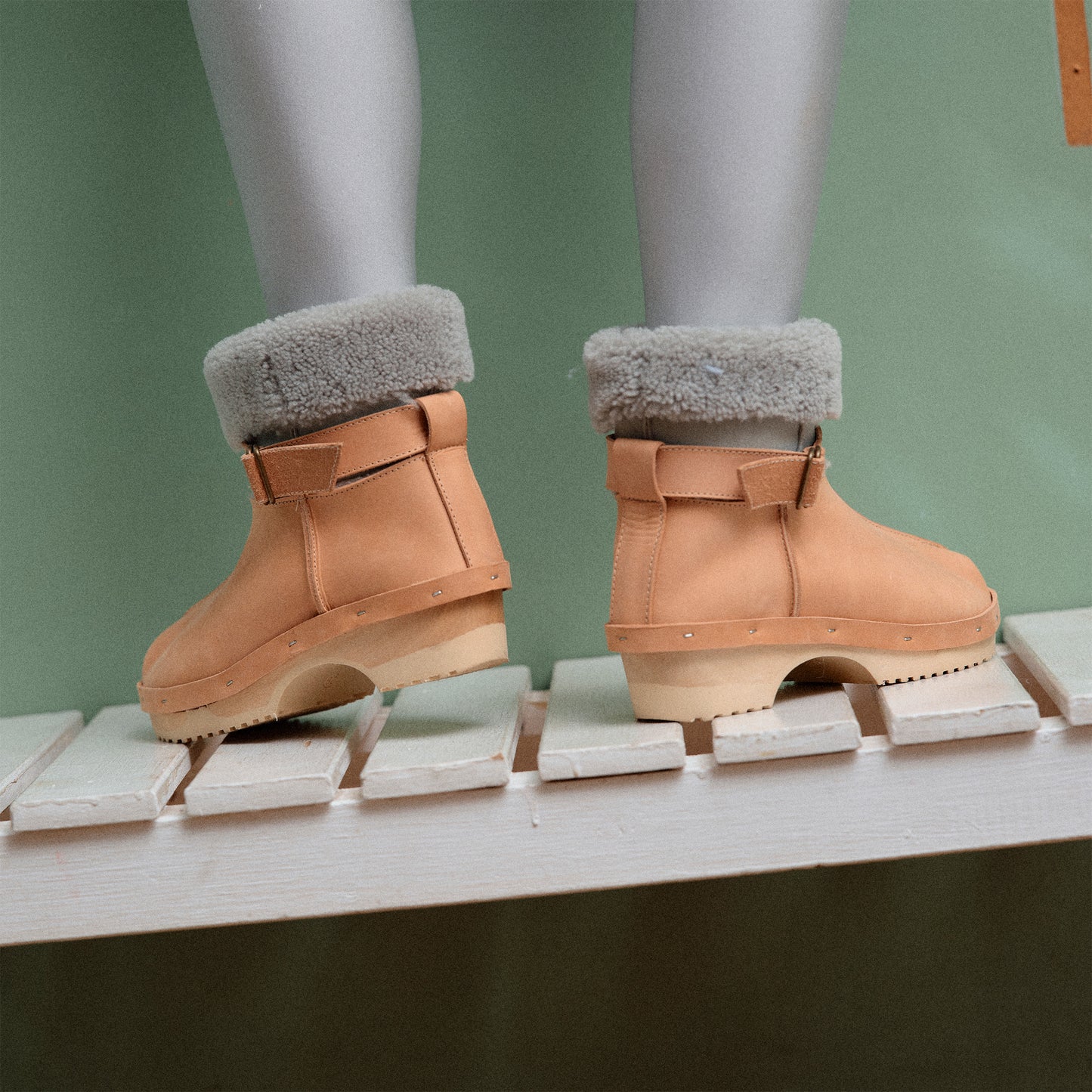 OLGA BOOTS + Leather Shearling Clog Boots + Cammello Sage