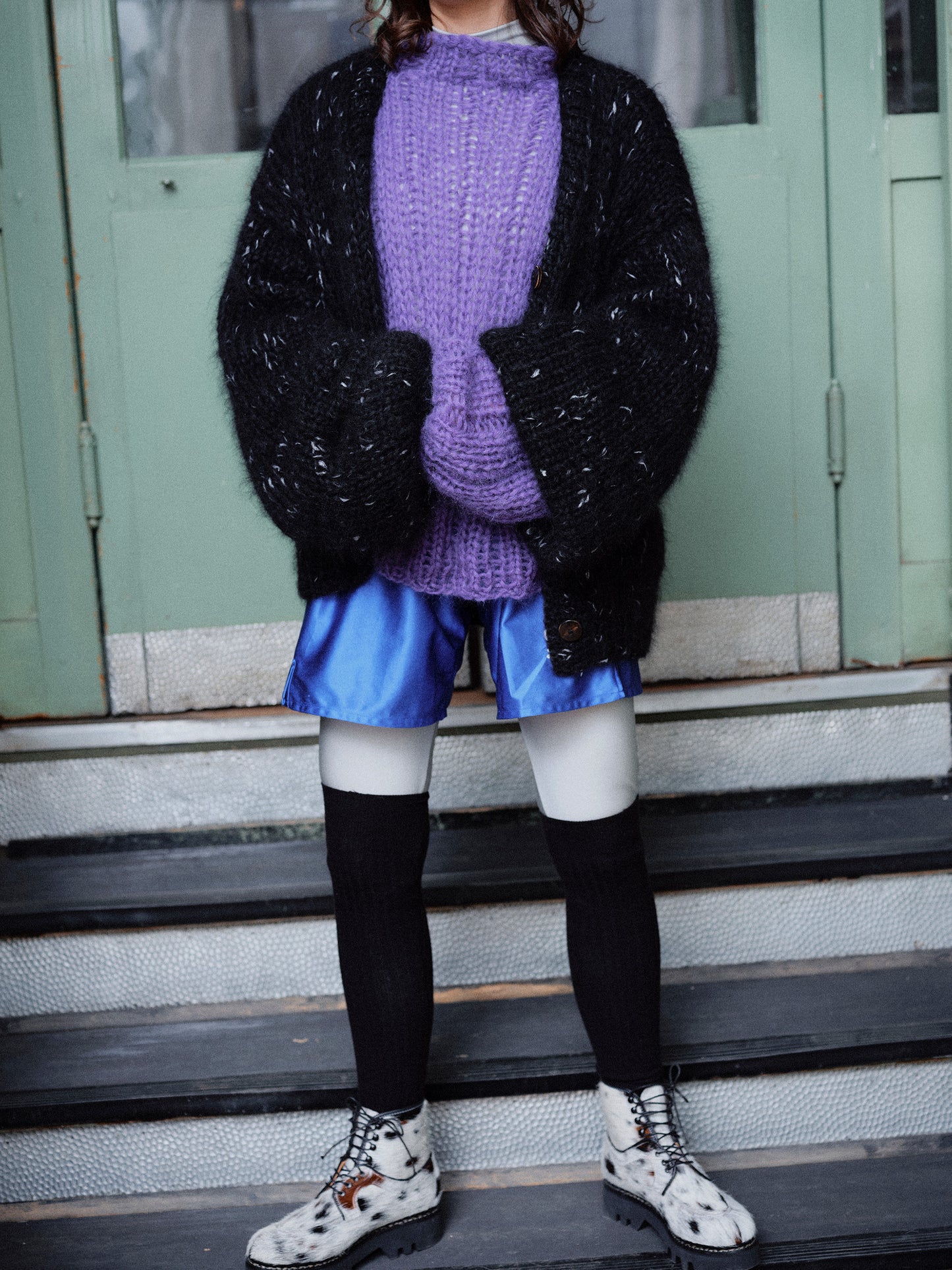 Unisex Hand Knit Mohair Cardigan + black white dots