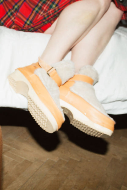 ZORA + Leather Shearling Clog Boots + Natural