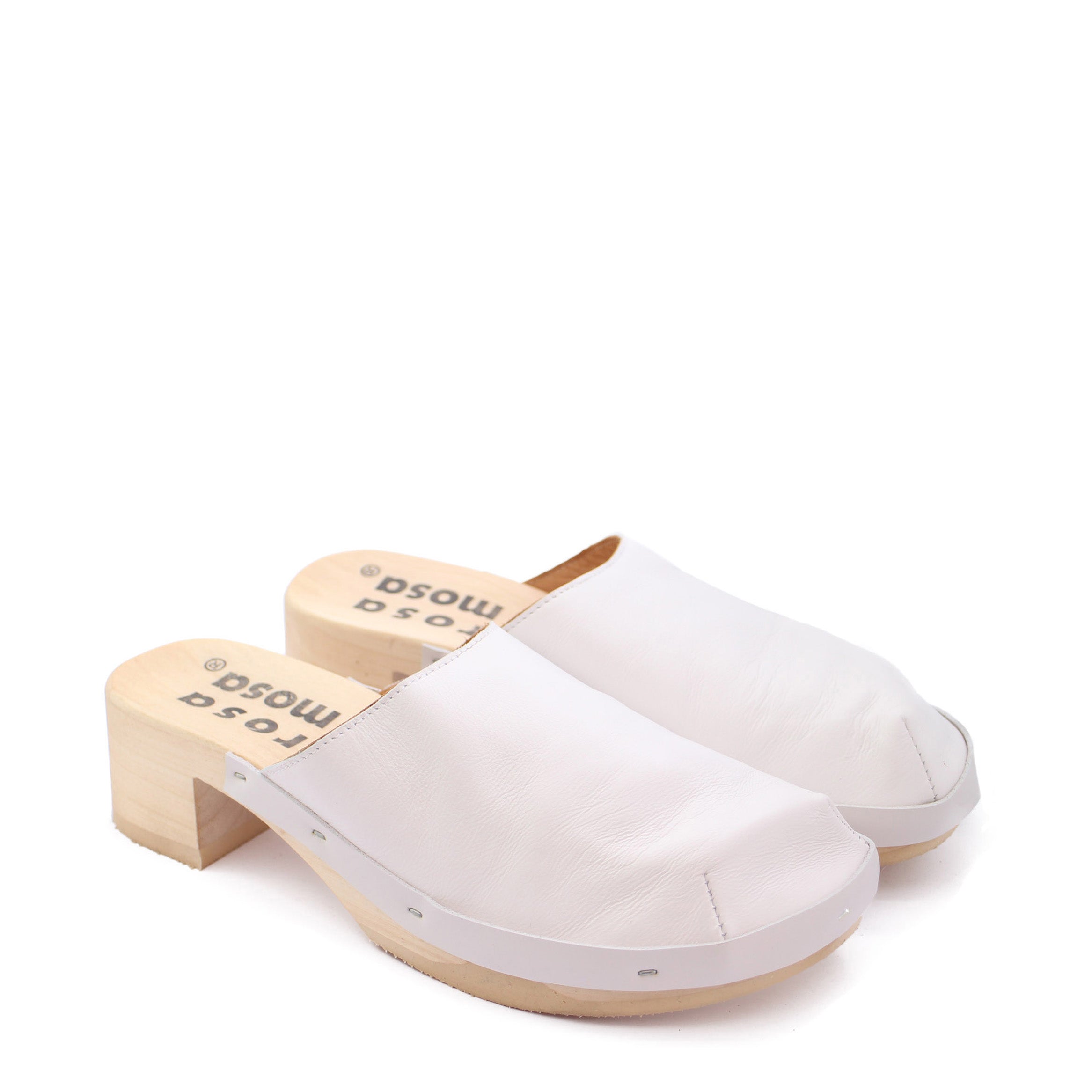 rosamosa rocco white leather natural wooden clog