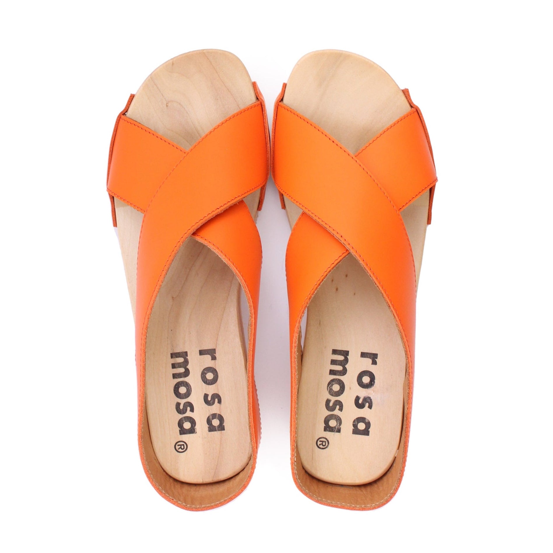rosamosa rocco japanese x-form orange leather natural wooden clog