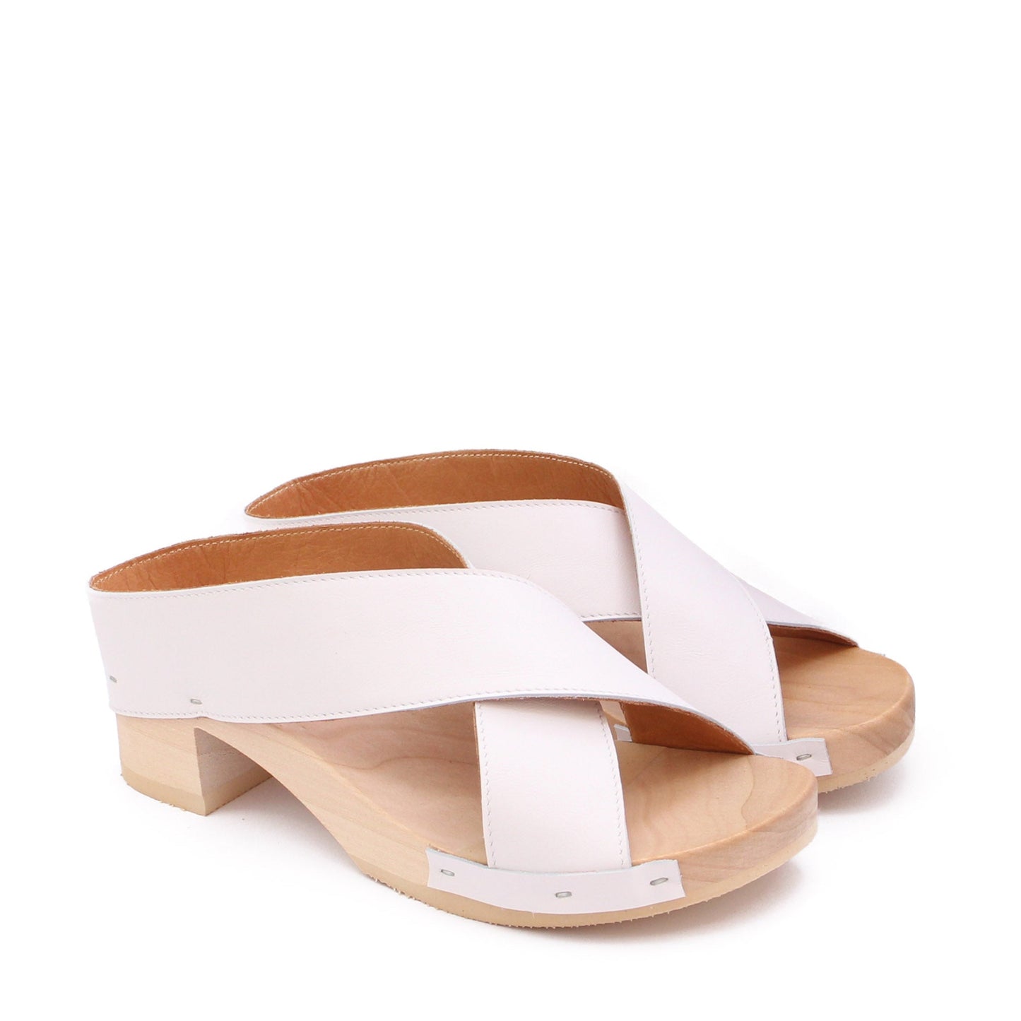 rosamosa rocco japanese x-form white leather natural wooden clog
