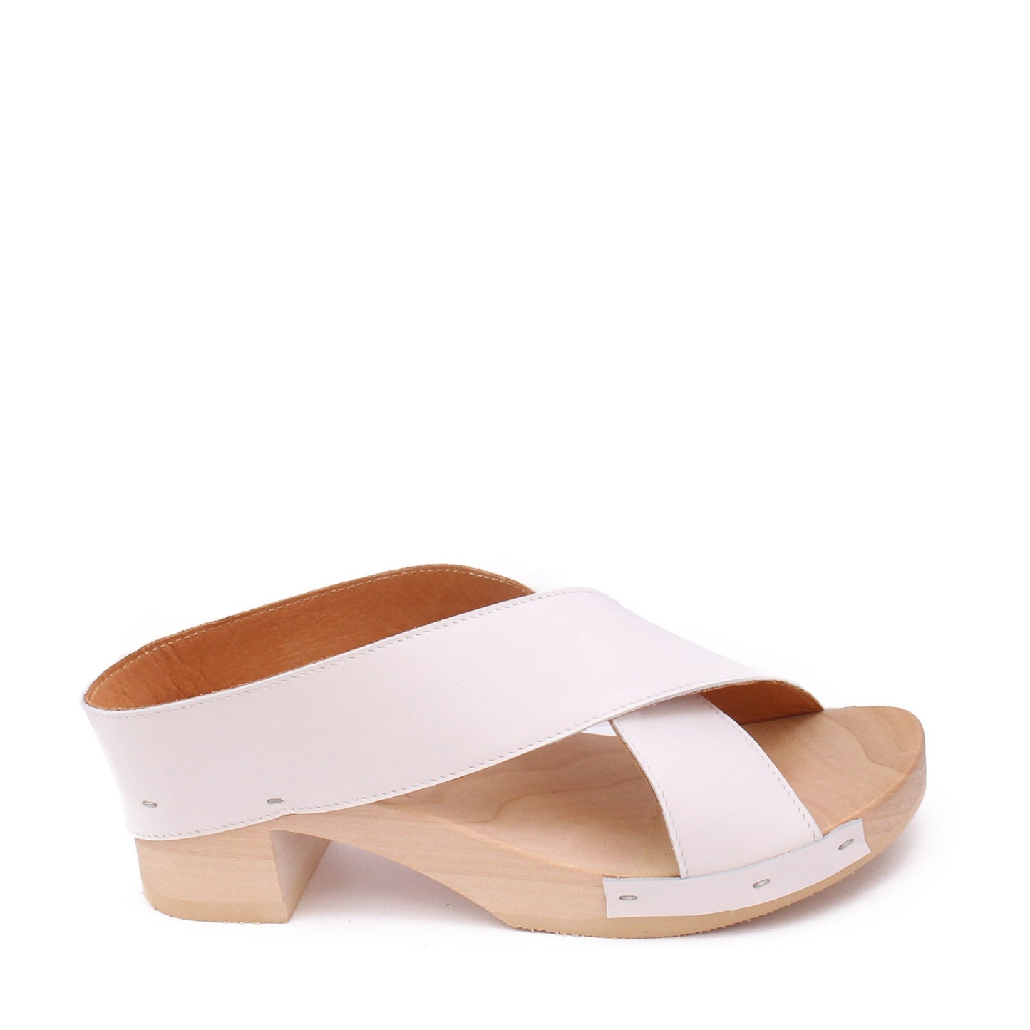 rosamosa rocco japanese x-form white leather natural wooden clog