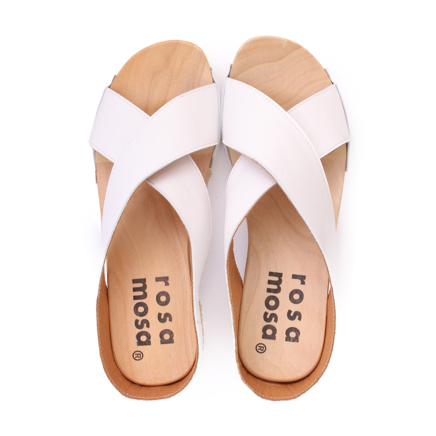 rosamosa rocco japanese x-form white leather natural wooden clog