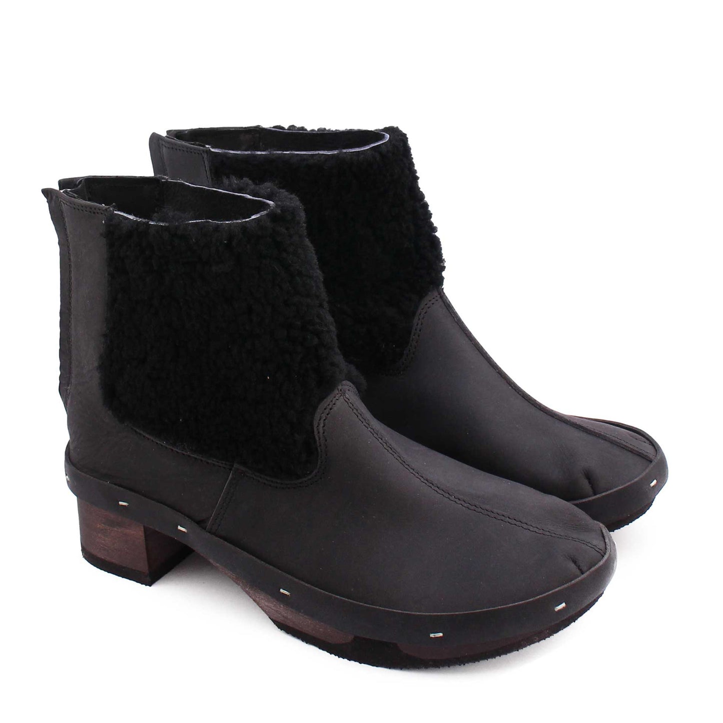 ROCCO Shearling + Leather Shearling Dark Clog Boots + All Black