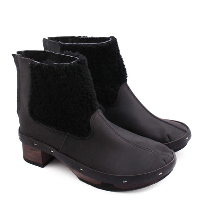 ROCCO Shearling + Leather Shearling Dark Clog Boots + All Black