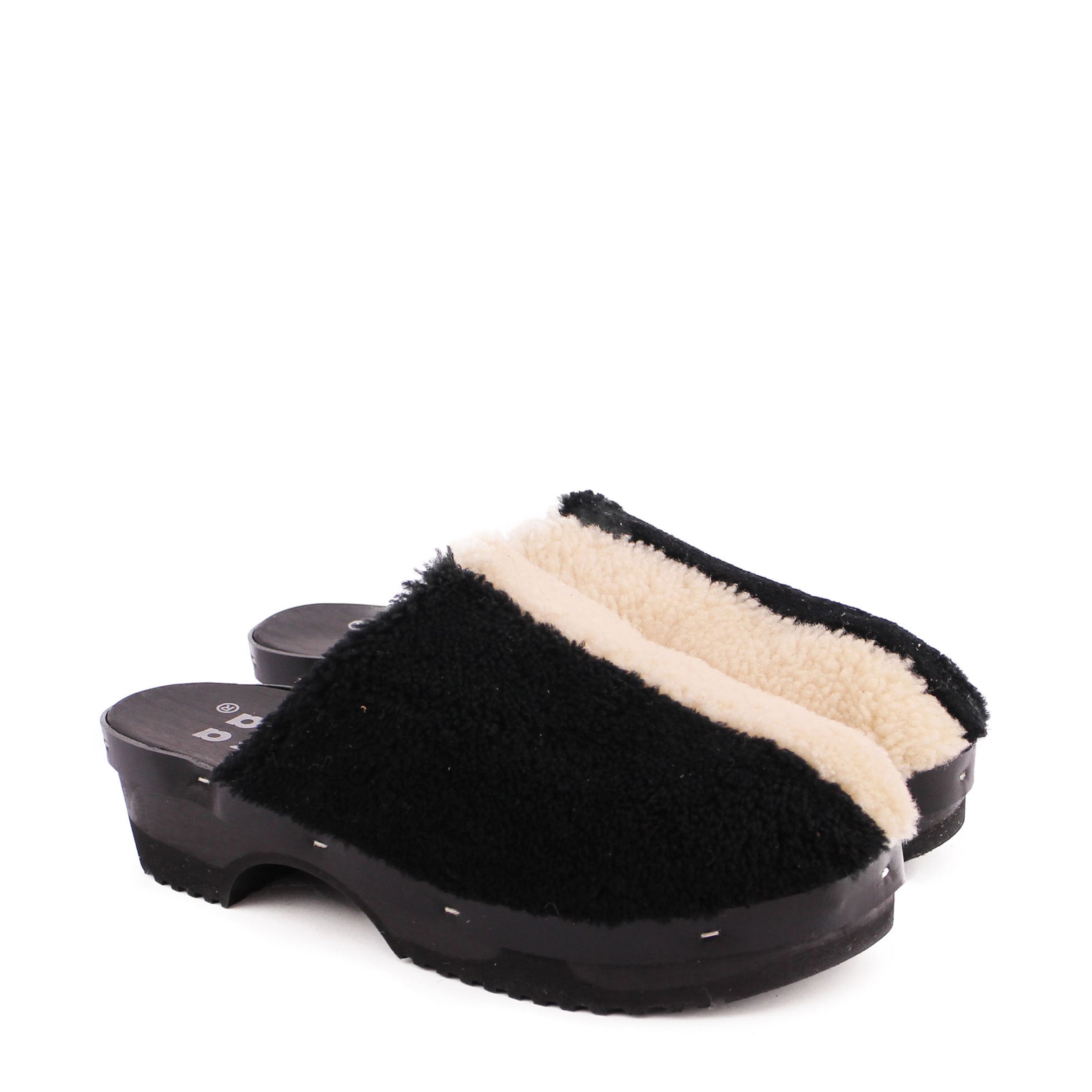 PANTO CURLY DUO + Shearling Dark Clogs + Black / Natural